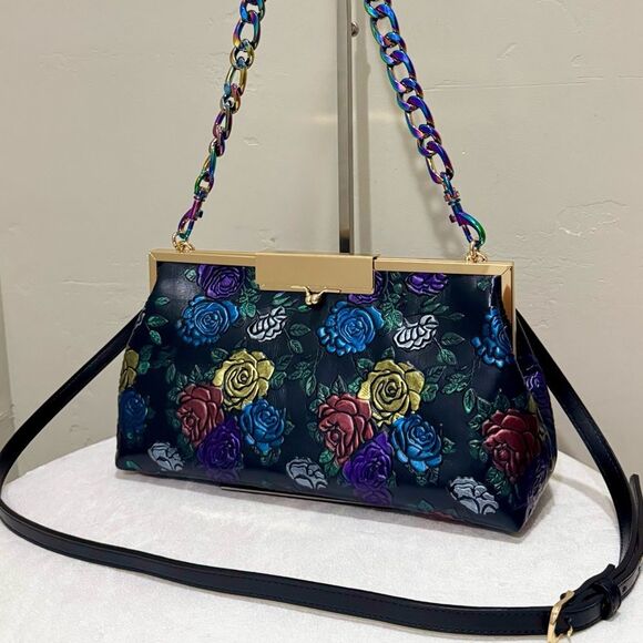 Unique Colorful Rose Embossed Cowhide Handmade Fold Over Kisslock Multi Use Bag - Picture 1 of 17
